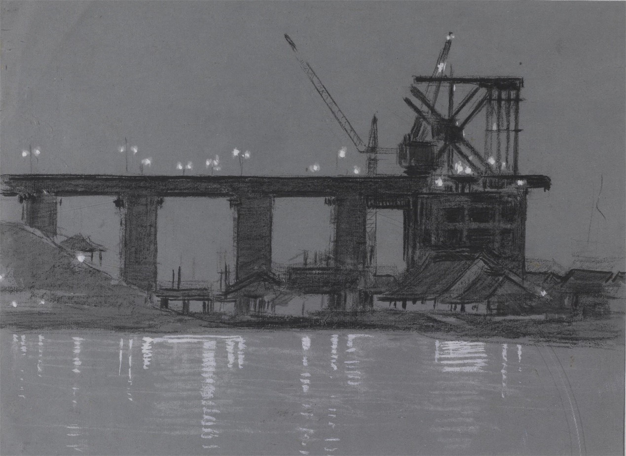 <h2>武汉江大桥桥墩建设</h2><p>作者：李斛</p><p>创作年代：20世纪50年代</p><p>规格：23cm×34.5cm</p><p>品类：素描</p>
